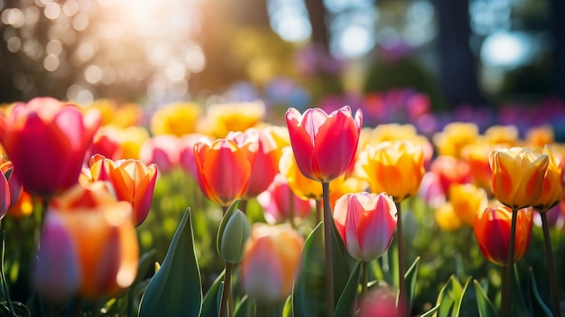 Живое цветущее поле красочных тюльпанов под голубым небом