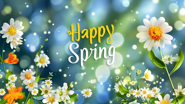 Photo vibrant blue background embellished with blossoms accompanied by the phrase happy spring