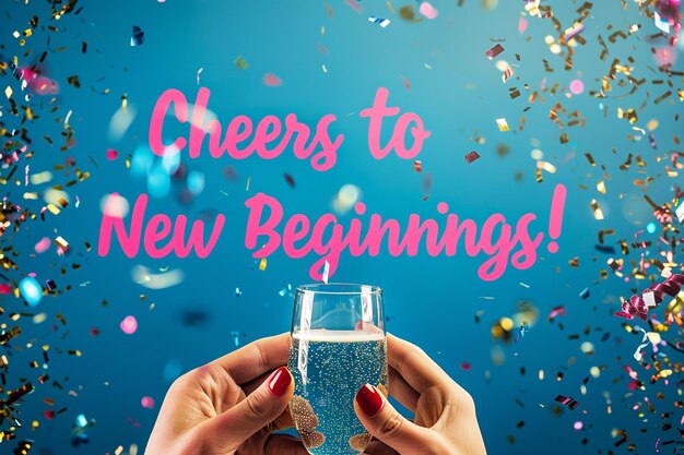 Foto sfondio blu vibrante con cheers to new beginnings in grassetto per un fresco inizio del 2025