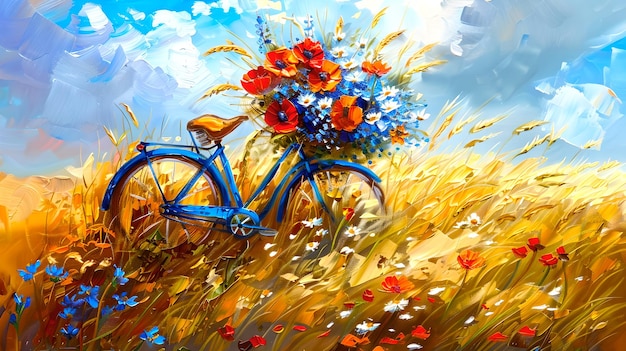 Vibrant Blue Bicycle with Bouquet in Wheat Field on Sunny Day Impressionist Style Art Perfect for Wall Decor and Postcards AI