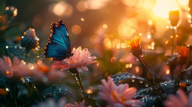 Vibrant Blue Butterfly Perched on Dewy Flowers at Golden Hour