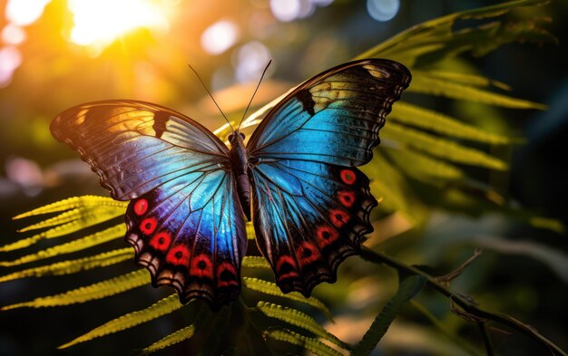 Photo vibrant blue butterfly with red spots