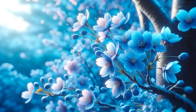 Vibrant blue cherry blossoms on a branch against a magical bokeh background symbolizing springs arrival Generative AI