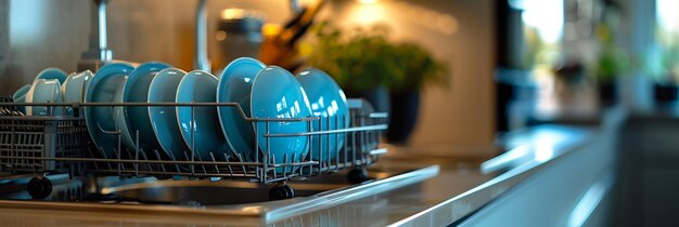 Vibrant Blue Dishes Neatly Arranged in Dishwasher