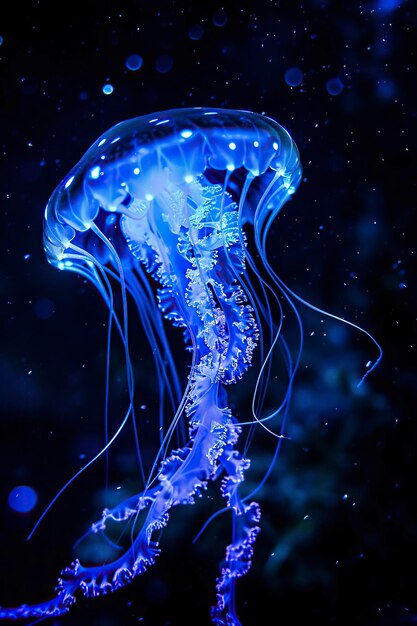 Foto vibranti meduse blu che galleggiano nell'oceano oscuro