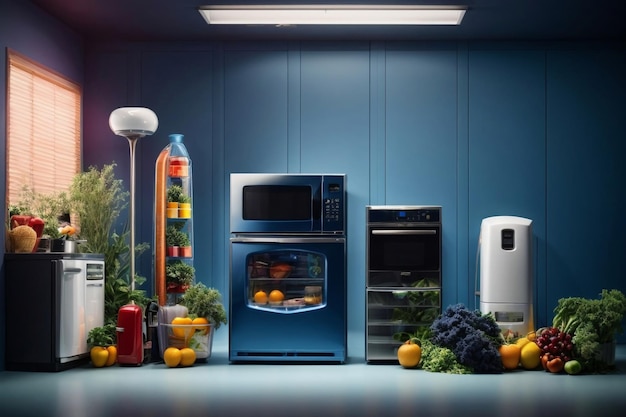 A Vibrant Blue Kitchen with Fresh Produce and Modern Appliances