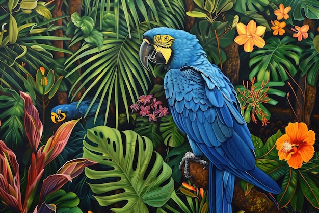 Vibrant blue macaw perched in a lush jungle setting surrounded by lush greenery and colorful blossoms