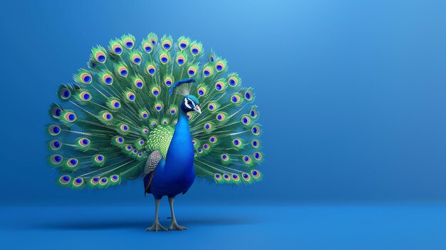 Photo a vibrant blue peacock stands proudly its tail feathers spread in a magnificent display