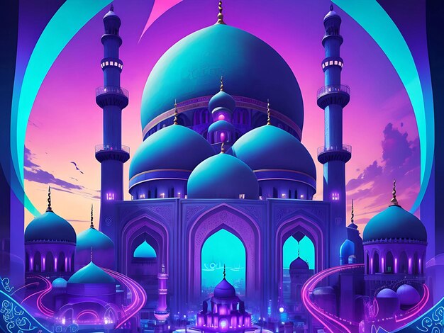 Vibrant blue and purple poster majestic mosque surrounded by intricate geometric patterns