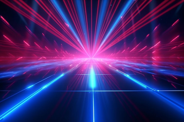 Vibrant blue and red rays create an electrifying disco atmosphere