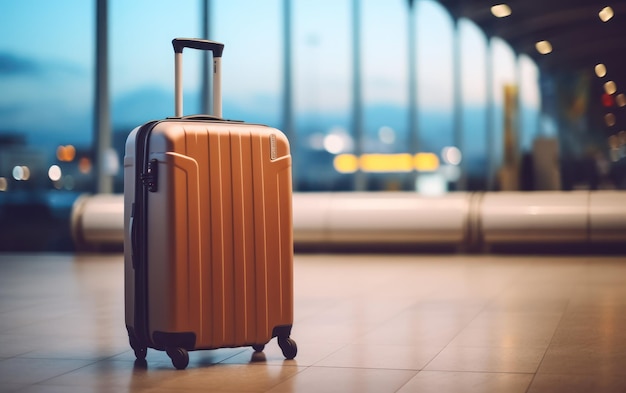 A vibrant blue travel suitcase stands in a blurry airport terminal