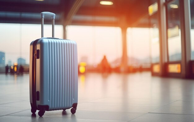 A vibrant blue travel suitcase stands in a blurry airport terminal