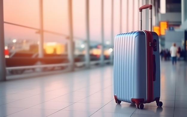 A vibrant blue travel suitcase stands in a blurry airport terminal