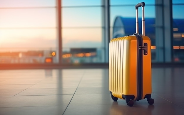 Ярко-голубой чемодан стоит в размытом терминале аэропорта.