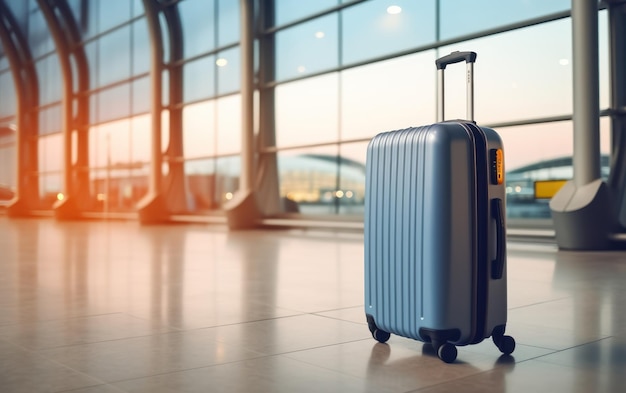 Ярко-голубой чемодан стоит в размытом терминале аэропорта.
