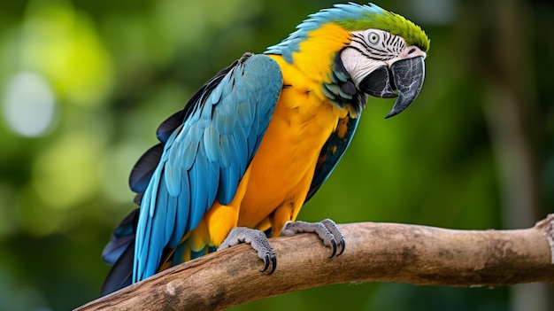 A vibrant blue and yellow macaw perched on a branch