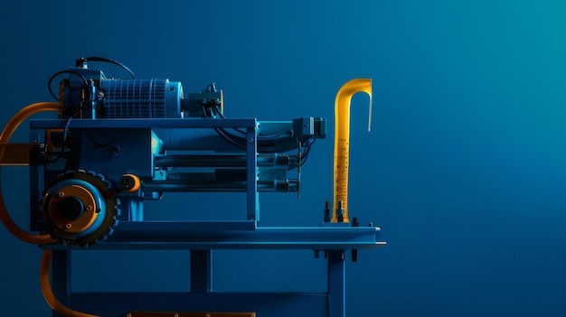 A vibrant blue and yellow machine stands out against a solid blue background