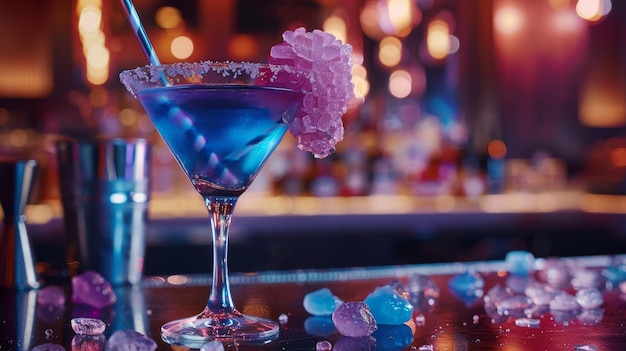 Vibrant BluePurple Martini met Rock Candy Garnish
