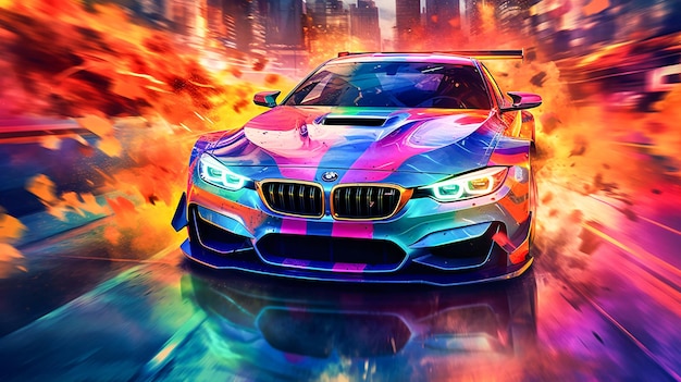 Vibrant BMW Car Cruising Through City Streets with Generative AI