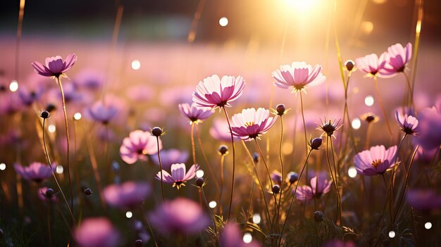 陽光に照らされた草原の鮮やかなボケー ぼんやりした宇宙の花 柔らかい焦点で素晴らしいマクロショット