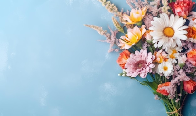 Vibrant bouquet of assorted flowers against a serene blue background showcasing nature's beauty AI Generative