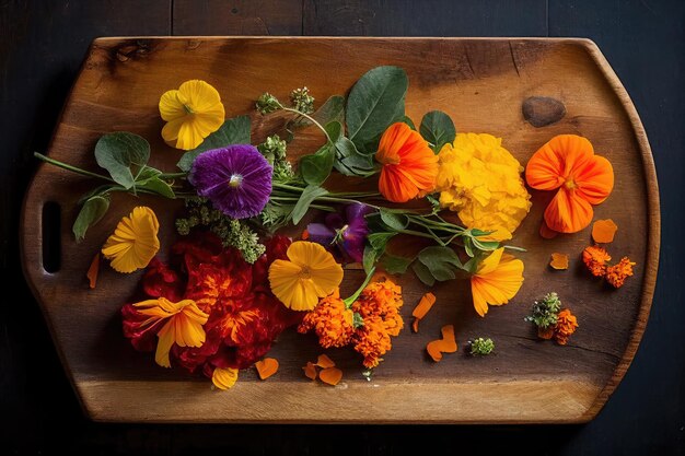 A vibrant bouquet of edible flowers like nasturtiums and calendula arranged on a rustic wooden tray