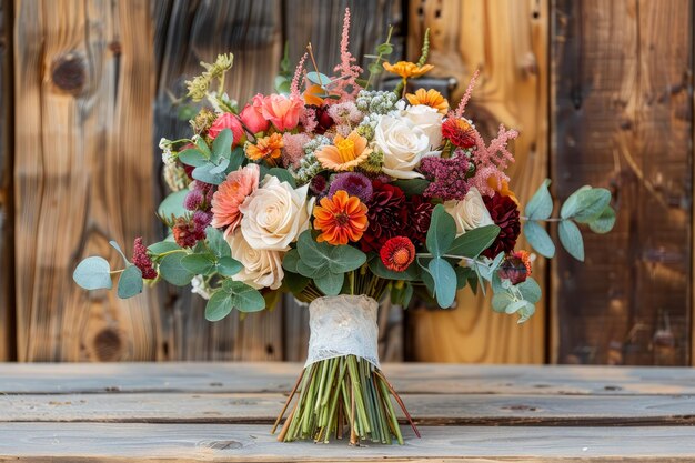 Яркий букет свежих цветов с розами и далиями на деревянном фоне