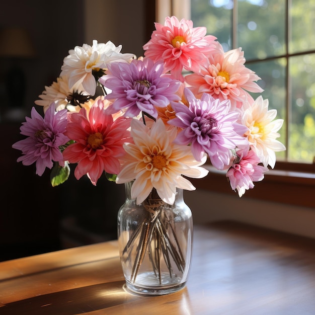 Vibrant bouquet of multi colored dahlias chrysanthemums and daisies in vase