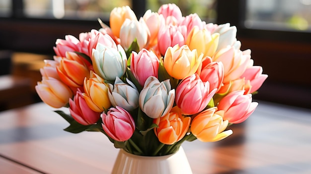A vibrant bouquet of multi colored tulips brings love and romance