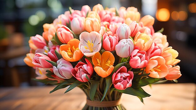 A vibrant bouquet of multi colored tulips brings love and romance