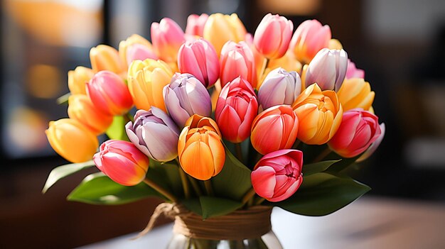 A vibrant bouquet of multi colored tulips brings love and romance