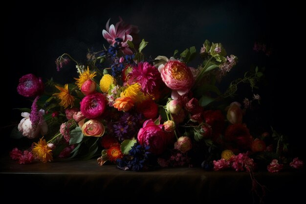 鮮やかな 花束 暗い 背景 に 描か れ た 色々 な 花 の 絵画