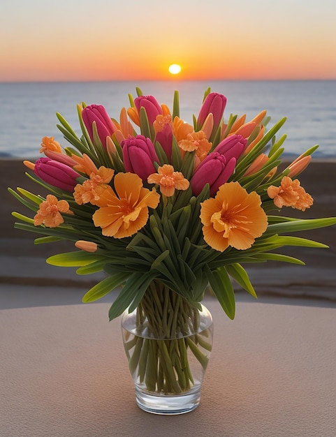 ツルボローズの花束は夏の夕暮れの暖かい光に照らされています