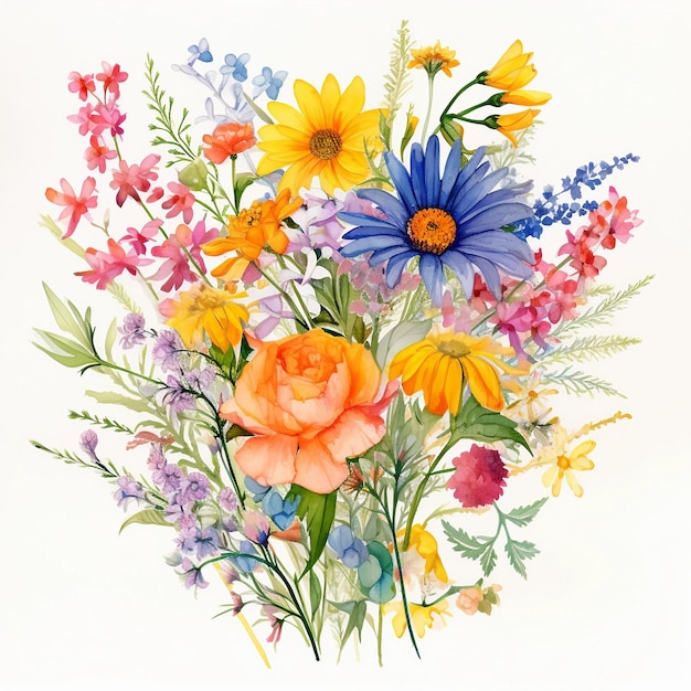 A vibrant bouquet of wildflowers each petal a unique burst of color and texture Watercolor
