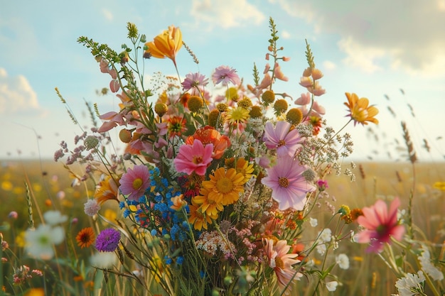 野生の花の活気のある花束がフェイに集まっています