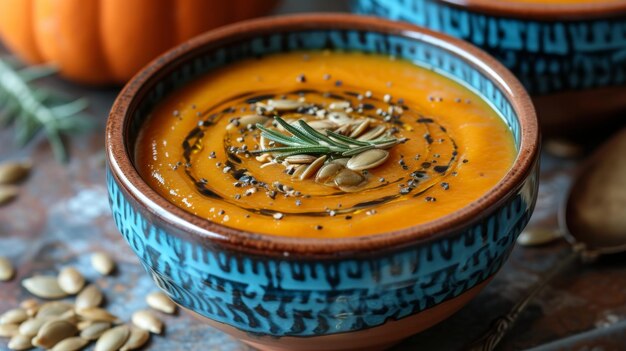 A vibrant bowl of butternut squash soup velvety and garnished with roasted seeds