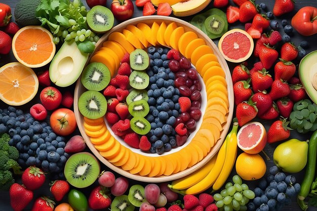 A vibrant bowl of fresh fruits and vegetables arranged in a rainbow of colors nutrition fruits