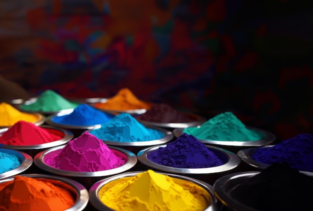 Vibrant bowls filled with colorful powder close up holi powder shots vibrant colors festive atmosphere