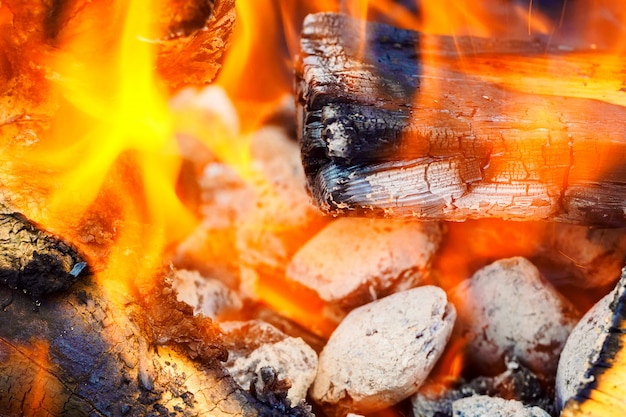 Vibrant and Bright Red Orange Flame  Fire in Fireplace at Winter.