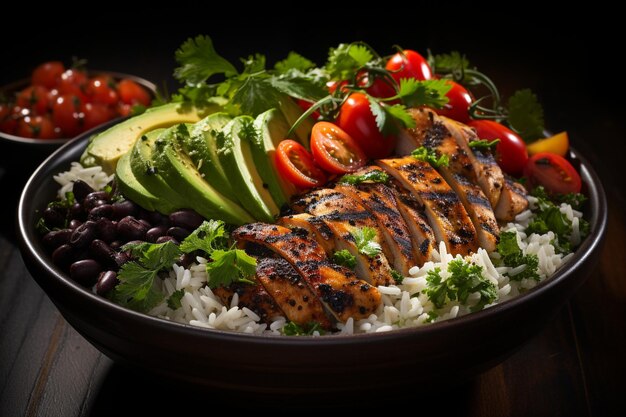 Vibrant Buddha Bowl Featuring Grilled Chicken and Fresh Pepper