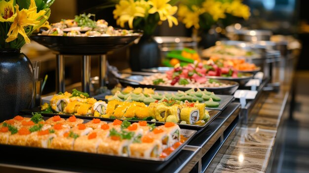 Photo a vibrant buffet spread of fresh sushi salads and various dishes beautifully presented with flowers in the background