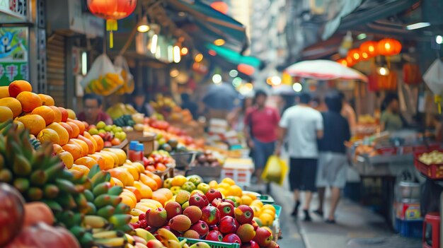 A vibrant and bustling Asian market scene with a variety of fresh fruits and vegetables on display