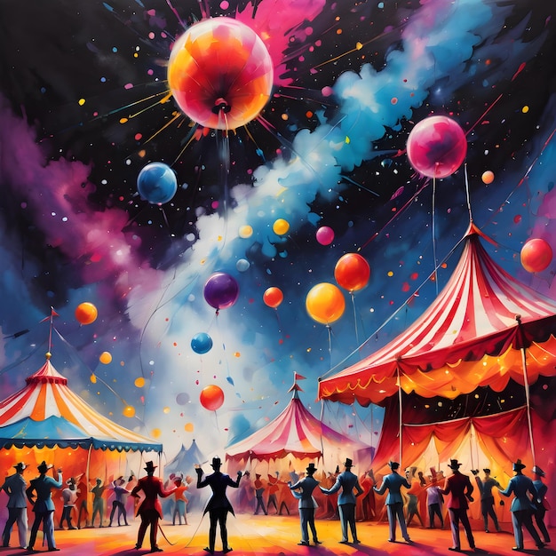 A vibrant bustling circus arena filled with colorful performers