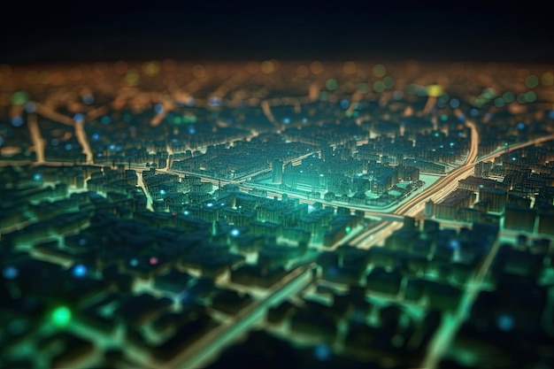 밤에 가로등과 건물이 비추는 활기차고 분주한 도시 풍경 Generative AI