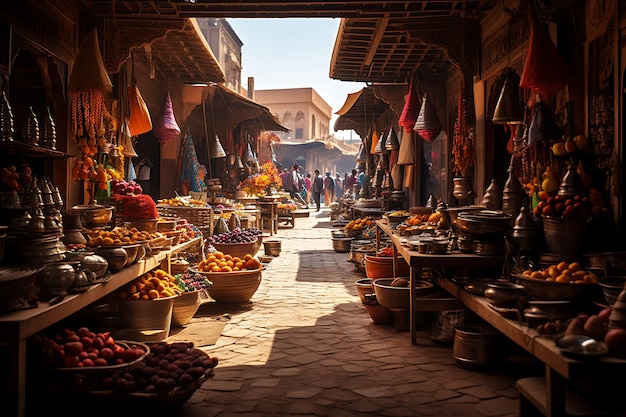 A vibrant bustling market in Marrakech Morocco realistic photo