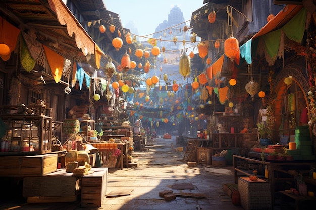 A vibrant and bustling marketplace filled with col 00548 01