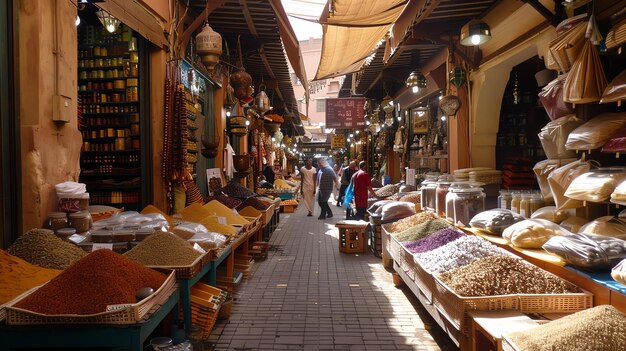 Photo a vibrant and bustling moroccan souk or market with stalls selling a variety of spices nuts and other goods