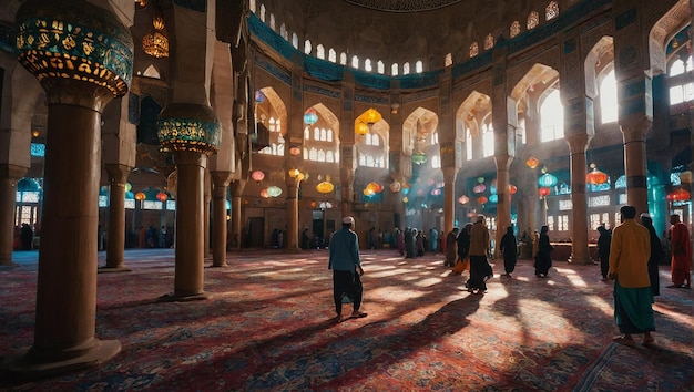 A vibrant and bustling mosque interior