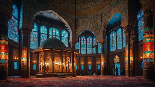 A vibrant and bustling mosque interior