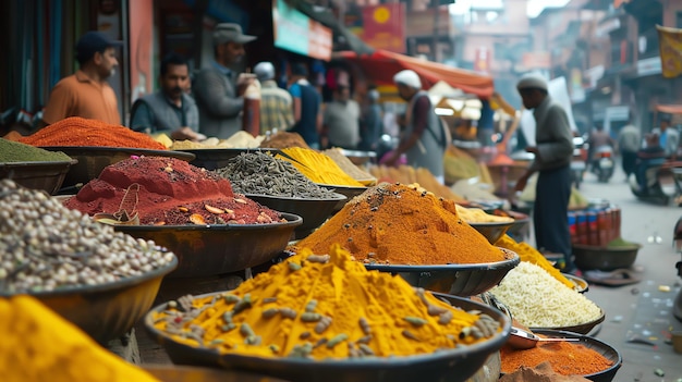 A vibrant and bustling spice market in an exotic location The market is full of colorful spices and there are people buying and selling them